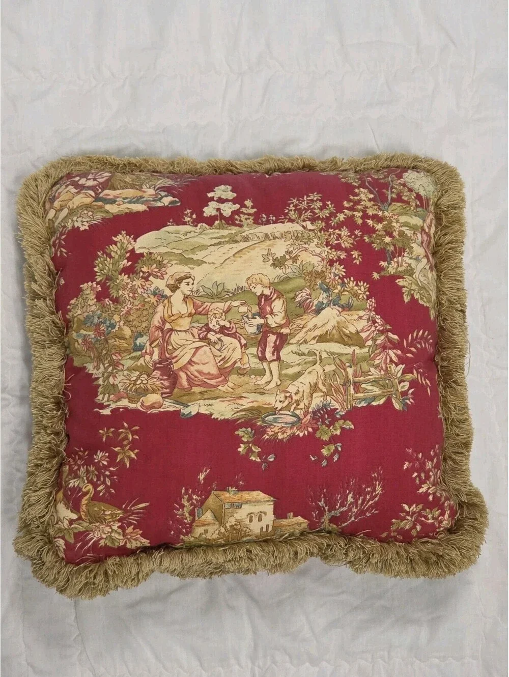 Wesley Hall 17 x 17 Fremont Red Pastorale Toile De Jouy Fringed Throw Pillow Vtg